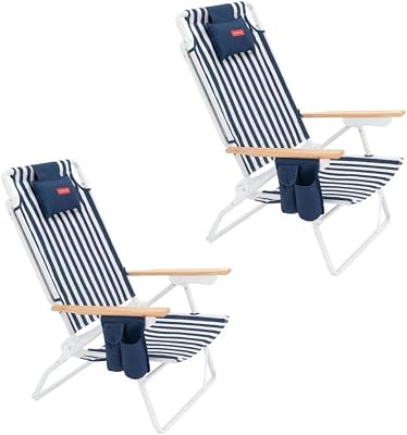 Pack di 2 Sedie da Spiaggia - Reclinabile 5 Posizioni - Tasca Termica - Tasca per Cellulare - Maniglie Tipo Zaino - Cuscino Ergonomico - Alluminio e Poliestere - Blu Navy