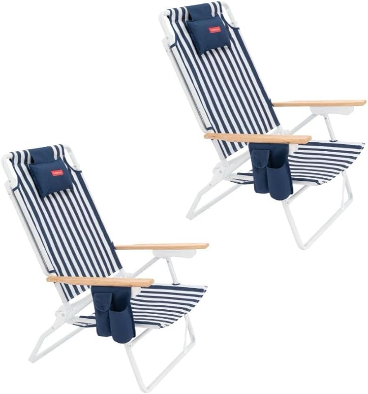 Pack di 2 Sedie da Spiaggia - Reclinabile 5 Posizioni - Tasca Termica - Tasca per Cellulare - Maniglie Tipo Zaino - Cuscino Ergonomico - Alluminio e Poliestere - Blu Navy