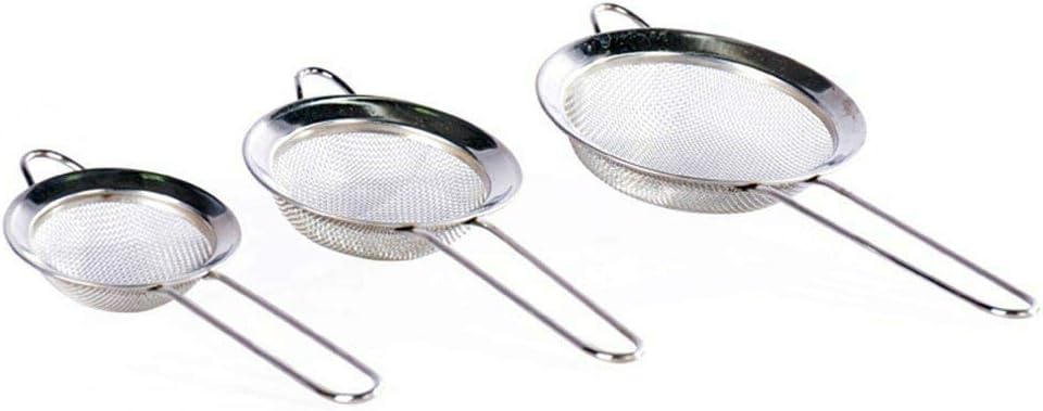 Tanya Shop 1 Set 3 Sizes Stainless Steel Fine Mesh Sifter Strainer Strainers Sieve with Handle Baking Bakery Pastry Sweet Cake Cacao Flour Almond Powder Drain Noodle Spaghetti Colander