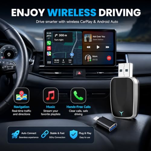 Wireless CarPlay Adapter for iPhone – Plug & Play CarPlay Dongle – Converts Wired CarPlay to Wireless – Fast Auto-Connect, Low Latency, USB-A & USB-C Compatible – English Manual Included