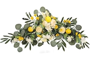Mokylor Artificial Lemon Flower Swag, 27.5 Inch Spring Fruit Decorative Wreath with Yellow Lemons and Eucalyptus Leaves Faux Floral Garland Swag for Wedding Arch Party Front Door Wall Home Decor