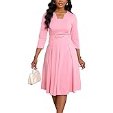 Elainone Womens 3/4 Sleeves Casual A Line Dress with Belt Church Work Wedding Guest Semi Formal Dresses