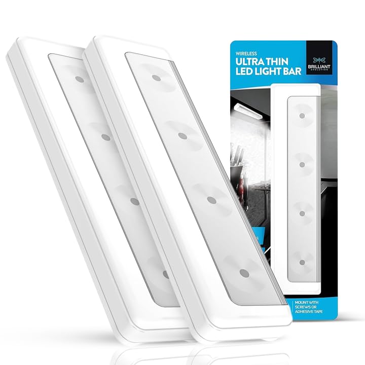 Photo 1 of Brilliant Evolution Pack of 2 Wireless LED Stick on Lights Battery Operated Under Cabinet Lighting - 8.5 Inches Long - 65 Lumens Push Light for Kitchen, Closet, and Countertops