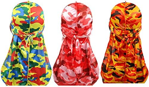 GESDY Camouflage Long Tail Durag Bandana Turban 360 Wave Wide Strap Headwraps(3 PCS)