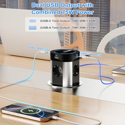 Built-in 9-in-1 Worktop Socket, 4-Outlet Retractable Power Strip 2 USB-C PD 75W Total, Qi Wireless Charging 15W, Pressure Open, Cable 1.8 m, Ø100 mm, Black