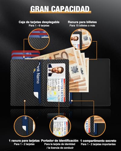 Men's Wallet, Card Holder with Magnetic Closure & Coin Pocket & RFID Blocking, Small Pop Up Carbon Fiber Leather Wallets for 11 Cards, Coin Purse with ID Window