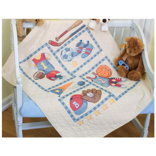 Brand New Baby Hugs Little Sports Quilt Stamped Cross Stitch Kit-34""X43"" Brand New