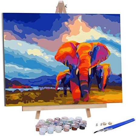 AOLIGE DIY Plaid Oil Paint by Numbers for Adults Acrylic Canvas Framed and Easel 16” x 20” (Elephant)