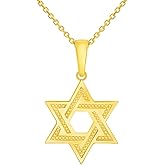 14k Yellow Gold Textured Shield of David Hebrew Star Pendant with Rolo Cable, Cuban Curb, or Figaro Chain Necklaces