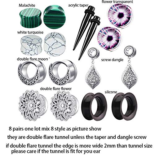 TIANCI FBYJS 8 Pairs Stainless Steel Ear Tunnels Dangle Gauges for Women Double Flare Silicone Stone Piercing 00g Plugs Taper kit (10mm=00g)