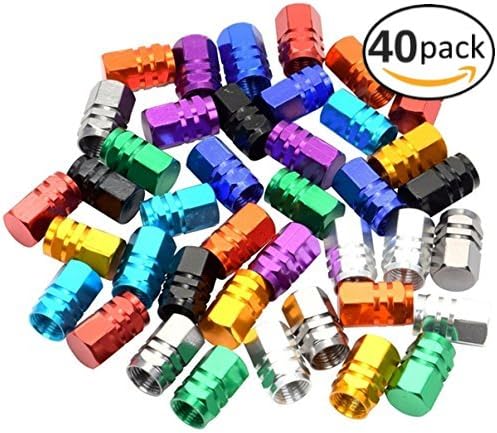 Domain Cycling 40pcs Schrader Tire Valve Caps, Hex Design Multi-Color Anodized Machined Aluminum Alloy Bicycle Bike Tire Valve Caps Dust Covers