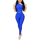 Ekaliy 2 Piece Outfits for Women Sexy One Shoulder Crop Top Bodycon Pants Set Clubwear