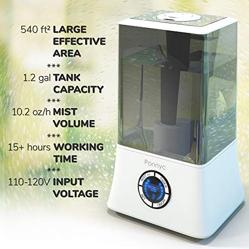 PONNYC Cool Mist Humidifier - Ultrasonic Humidifier for Home, Office, Baby, â€ŽBedroom - Essential Oils Diffuser â€Ž-â€Ž Premium Air Humidifier, Whisper-Quiet, Large Capacity 1.2 Galâ€Ž