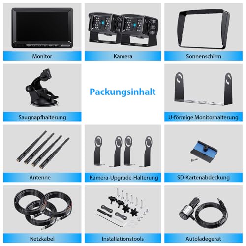 Digital Reversing Camera Wireless Set, 7 Inch HD LCD Monitor + Dual Cameras, IP69K Waterproof Reversing Camera, Radio, Night Vision, Wireless Parking Aid, Loop Recording, for Trucks, Caravans, Trailers