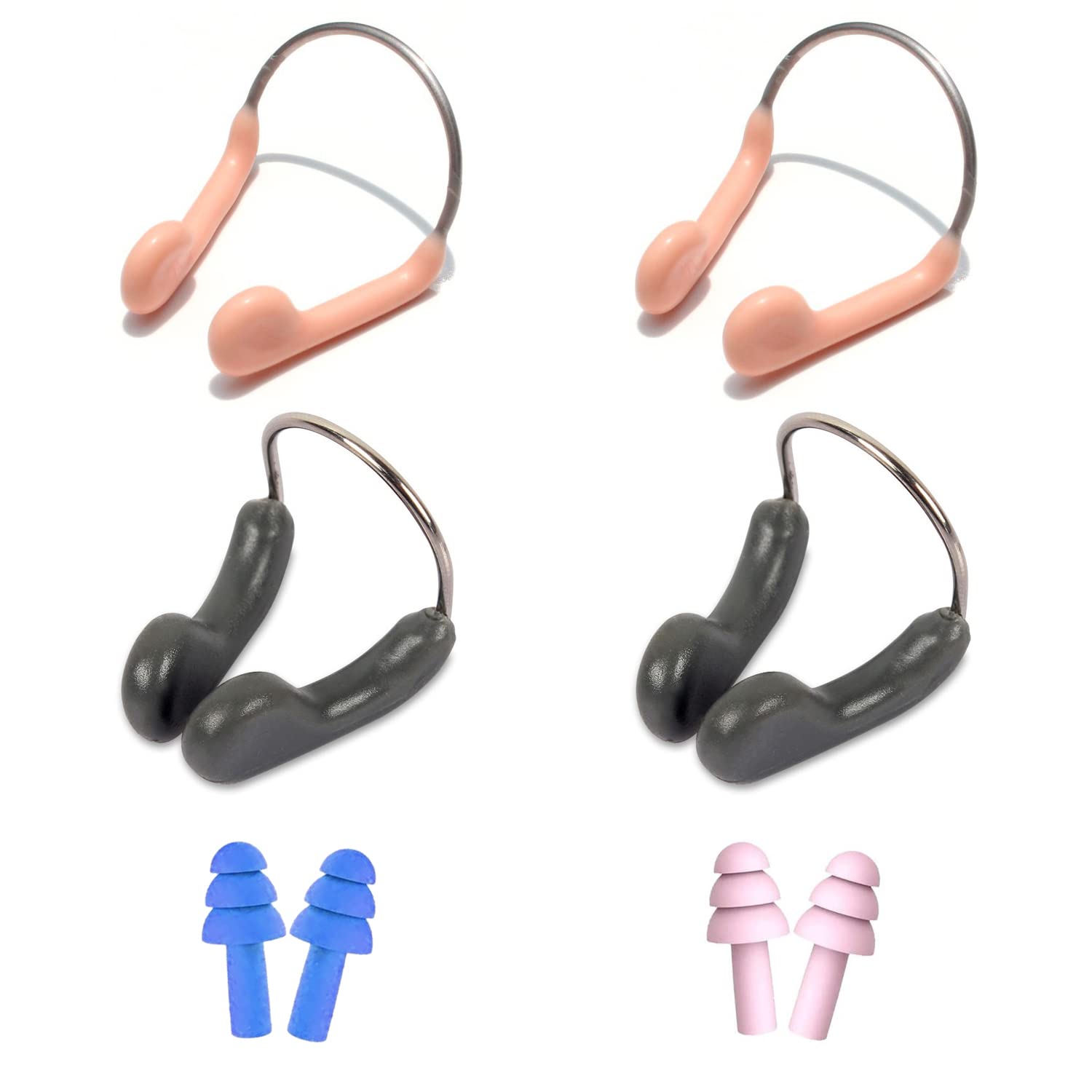4pcs Boxed Swimming Nose Clips with 2 Pairs of Earplugs, Waterproof Nose Clips, Nose and Ear Protectors, Noise Cancelling Earplugs, Swimming Accessories for Swimming, Diving (Skin Color, Blue Black)