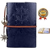 Leather Writing Journal,Vintage Refillable Notebook,Travel Diary,Sketchbook,Planner,Blank Pages,Classic Embossed,Bonus Plastic Zipper Pocket and Card Holders,for Girls and Boys,7 Inches, Blue