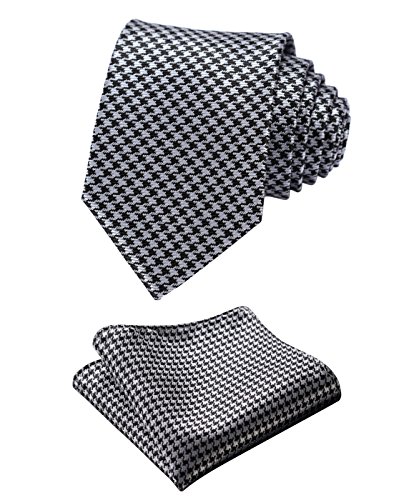 HISDERN Extra Long Houndstooth Tie Handkerchief Men's Necktie & Pocket Square Set (Silver & Black)