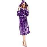 HOLOVE Women's Warm Hooded Fleece Bathrobe Cozy Long Spa Robes for Ladies