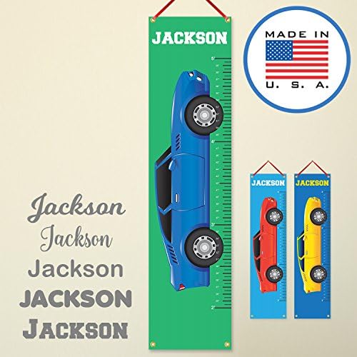 WallClipz Personalized Hanging Growth Chart Wall Decal, Blue Sportscar Race Car with Name, Vinyl Banner Sign, Height Ruler Measurement, Wall Decor, MADE IN USA