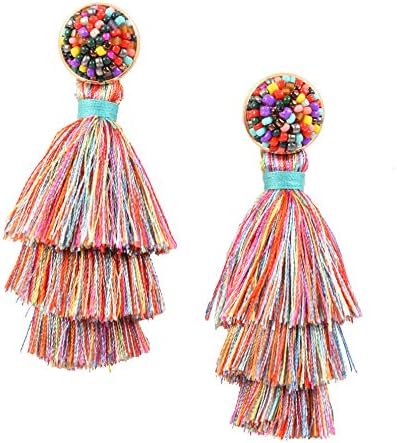 RIVERTREE Womens Layered Tassel Earring Beaded Boho Statement Fringe 3 Tiered Long Vintage Chandelier Drop Dangle Earring Christmas