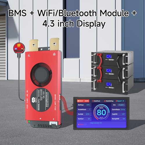 DALY BMS Balance 12V 200A Display- Smart 1A Active Balance BMS 4S with 4.3 Inch LCD Touch Screen Bluetooth WiFi Module Compatible with RS485 Can for LiFePO4 Batteries Home Power