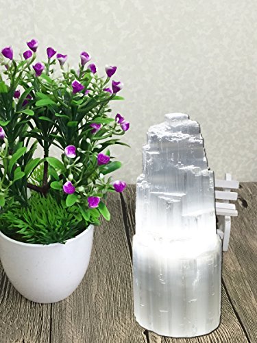 Natural Selenite Electric Lamp White with LED Bulb JIC Gem around 8" High