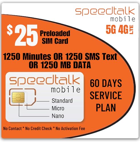 SpeedTalk Mobile SIM Card Kit for Smart Phones & Cellphones | $25 Plan - 1250 SMS Texts OR 1250 Minutes OR 1250 MB 5G 4G LTE Data | 3-in-1 Standard Micro Nano Size | 60 Days USA Wireless Coverage
