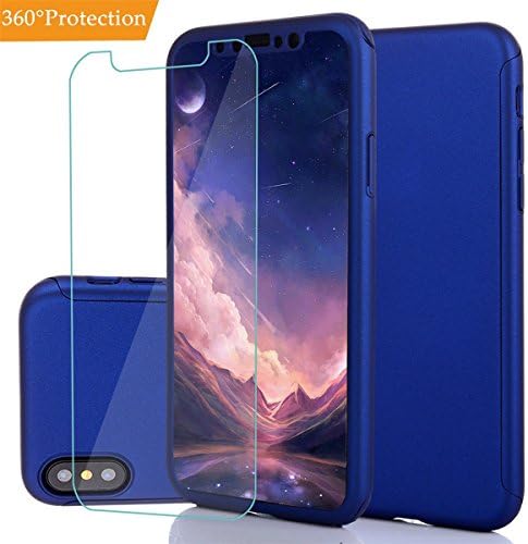Iphone X Case, Full Body Shockproof Protective Flexible Hard PC Case Ultra Thin LightWeight Anti Scratch Dual Layer Removable Hybrid Cover with Tempered Glass Screen Protector for Iphone X (Blue)