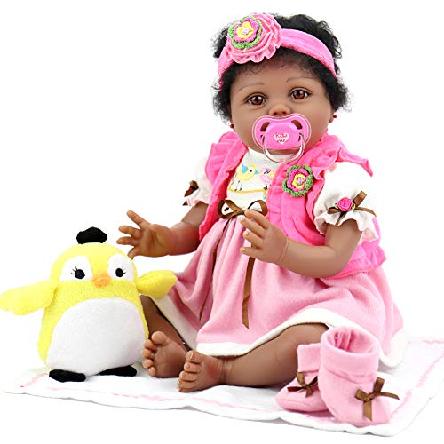 Aori Lifelike Reborn Baby Dolls 22 Inch African American Soft Body Realistic Girl Doll with Bird Gift Set