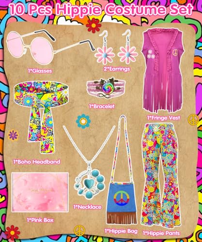 HEITOYI Women's Hippie Costume, 70s Costume with Dress, Vest, Trousers and Accessories, Carnival Costumes Adult Women, Cosplay Hippie for Halloween, Carnival, Party