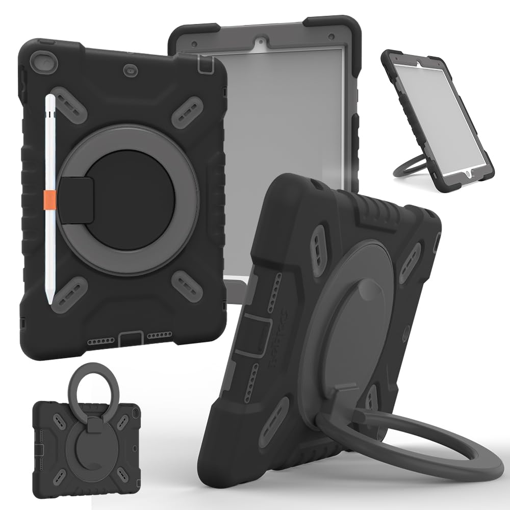 NLR FUN 4-Layer Shockproof Case for iPad 9th/8th/7th (10.2” iPad 2021/2020/2019) & iPad Air 3rd (10.5” iPad Air), Protective Cover with Kickstand/Handle, Pencil Holder, Shoulder Strap (Black)