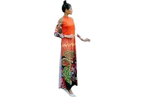 CuteSass Silk Orange Red Pattern Ao Dai Set, Pre-made Traditional Vietnamese Ao Dai, Women Ao Dai with Pants, Lunar New Year