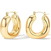 14K Gold Plated Stainless Steel Chunky Hoop Earings for Women Thick Lightweight Trendy Gold Hoops