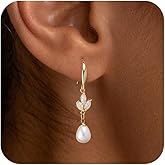 HANLI Pearl Dangle Earrings for Women - 14K Gold Plated Dainty Cubic Zirconia Pearl Drop Wedding Stud Earrings for Brides Bridal Jewelry