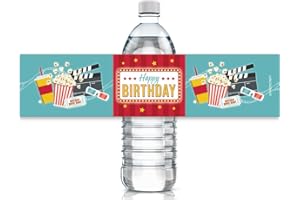 DISTINCTIVS Movie Night Birthday Party Water Bottle Labels - 24 Waterproof Wrappers - at The Movies Theme - Party Decorations and Supplies