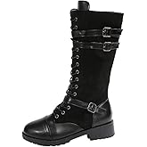 TVNGDLI Women's Mid Calf Boots Lace up Combat Boots Denim Leather Riding Motorcycle Long Booties Low Heel Gothic Motorcycle Flats Long Shoes