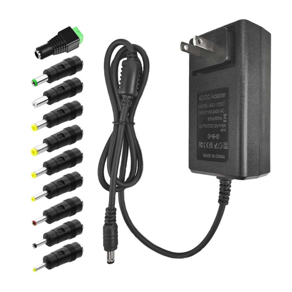 View 1 of 12V 5A Power Supply Universal Adapter AC 100-240V to DC 12Volt 5A 4A 3.5A 3A Power Cord with 10 Tips (5.5x2.5mm/4.8x1.7mm) for LED Strip Lights, CCTV Cameras, Router, Modem & More