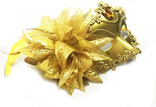 Women Costume Mask with Flower,Sexy Mysterious Masquerade Mask Halloween Mardi Gras Cosplay Party Masque (Gold)
