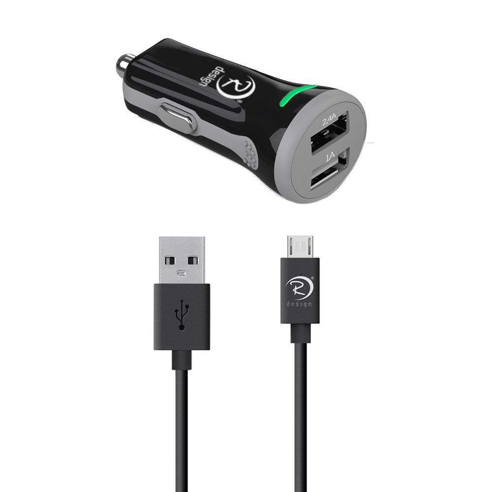 Raven design [Certified Android Kit® Micro USB to USB Cable – 1 M + Cigarette Lighter Charger 2x USB Fast Charging 3,4 a for Smartphone, Tablet PC, Android, Samsung, HTC, Nokia, Sony and Others