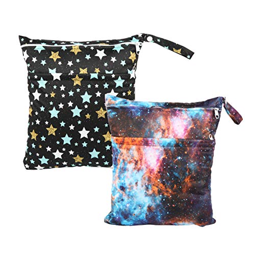 Sigzagor 2 Wet Bags Reusable Diaper Nappy Waterproof with Two Zippered Pockets (Stars and Galaxy)