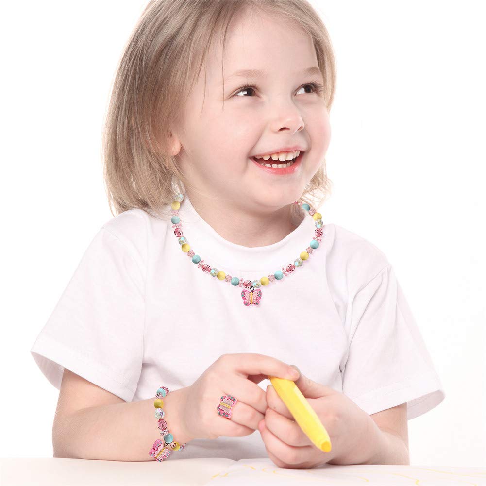 Butterfly Stretch Necklace Little Girl Toddler Necklace Bracelet Set, Little Princess Jewelry Kids Play Necklaces Butterfly Rings for Kids