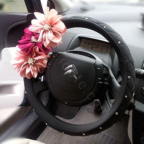 Follicomfy Cute Crystal Flowers Auto Car Steering Wheel Cover PU Leather Rhinestone General Anti-slip Steering-Wheel Cover for Women Ladies Girls(Black)