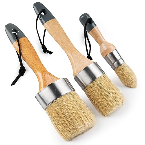 Mister Rui Chalk Paint Brushes, 3 Pack Wax Brush Set, Round Paint Brush Use with All Paints, Natural Bristle Brush for Painting, Stencils, Waxing, Home Decor, DIY Art Crafts