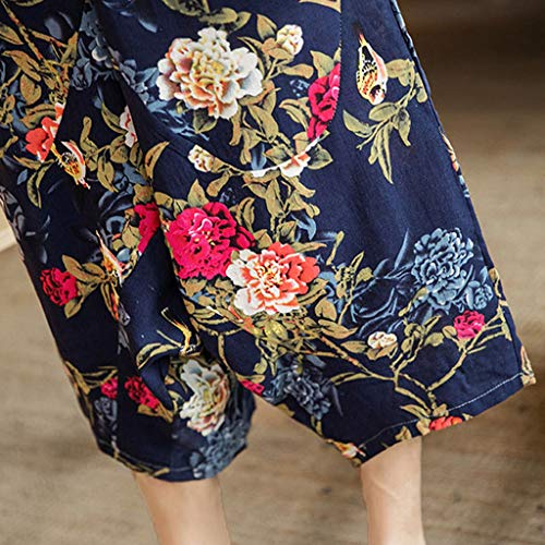 VEZAD Men Harem Pants Jogger Fitness Chinese Style Printed Linen Loose Cropped Trousers