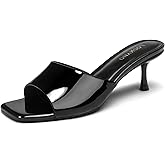Lookyno Womens Kitten Heel Sandals Square Open Toe Mules 2.3 Inch Stiletto Heeled Sexy Slip On Sandals for Party Casual