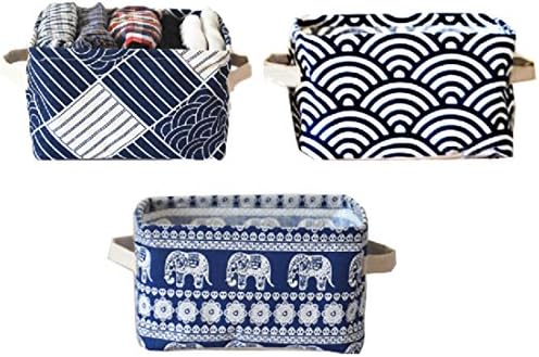 Lannu Navy Blue Nursery Storage Baskets Bins Fabric Cloth Liners Organizers, Set of 3, 8" x 6" x 5"