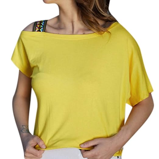 Zegeey Damen T-Shirt Kurzarm Rundhals Ribbo Drucken Schulterfrei Schulterfrei LäSsige Sommer Oberteil Bluse Shirts Tops Hemd