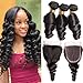 Mink Hair Closure with Loose Wave 3 Bundles 8A Grade Peruvian Virgin Human Hair Weave Extensions with Free Part 4x4 Closure Natural Color (18/20/22+16 Inch, 4x4 Closure, Natural Black)