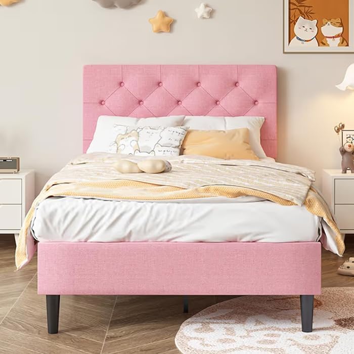 Lullabyre Twin Bed Frame for Kids, Upholstered Platform Bed, Pink