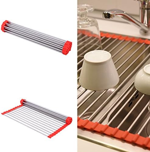 Over the Sink Multipurpose Stainless Steel Roll-Up Dish Pot Drying Rack, 16.1"(L) x 18.5"(W), Red